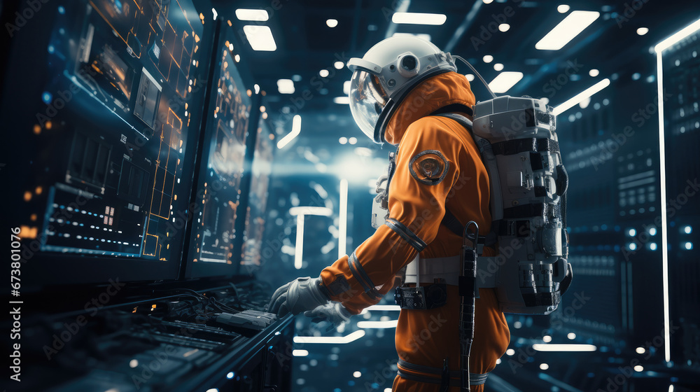Fototapete an astronaut doing a data center server rack maintenance, floating in space.