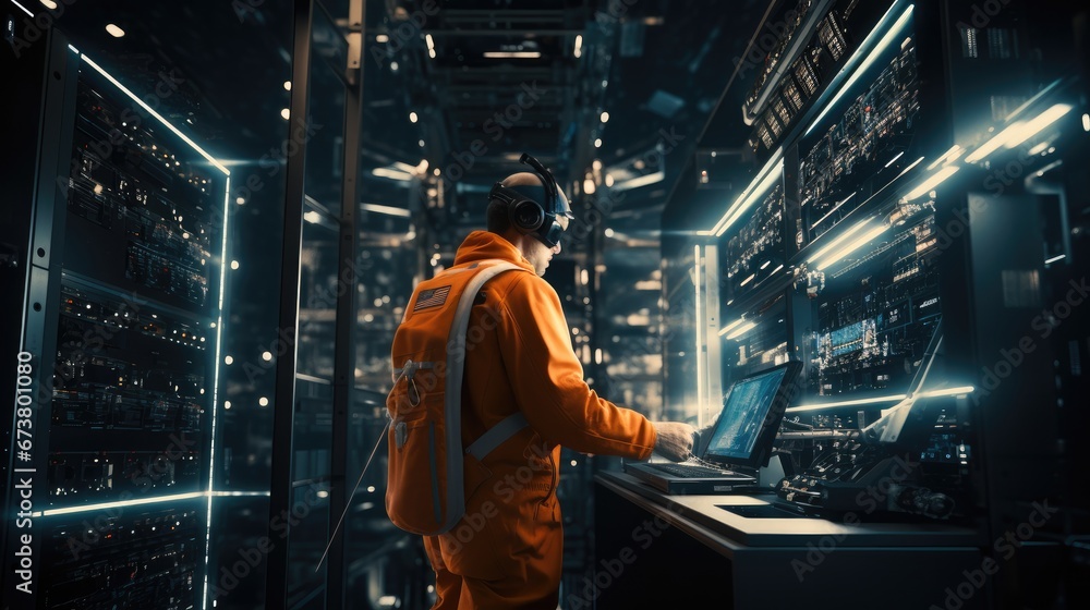 Aufkleber An astronaut doing a data center server rack maintenance, Floating in space.