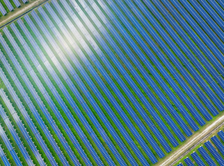 Aerial view of solar farm. Solar power for green energy. Sustainable resources. Solar cell panels...