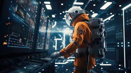 An astronaut doing a data center server rack maintenance, Floating in space. - obrazy, fototapety, plakaty