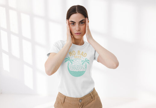 Mockup of woman wearing customizable t-shirt touching face