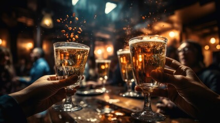 Birthday Celebratory Toast with String Lights and Champagne Silhouettes. - obrazy, fototapety, plakaty