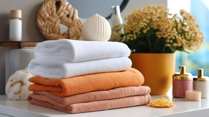 Fototapeta na wymiar Stack of clean towels on table.