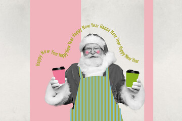 Collage pinup pop retro of funny smiling santa claus serving new year beverages isolated painting...