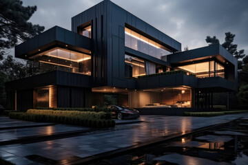 Black modern house on the street.