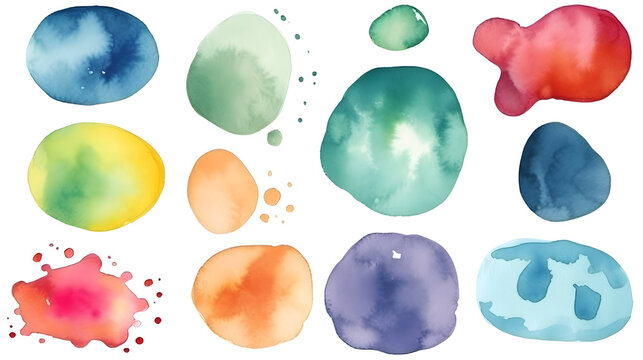 Set of colorful watercolor paint blobs, white background