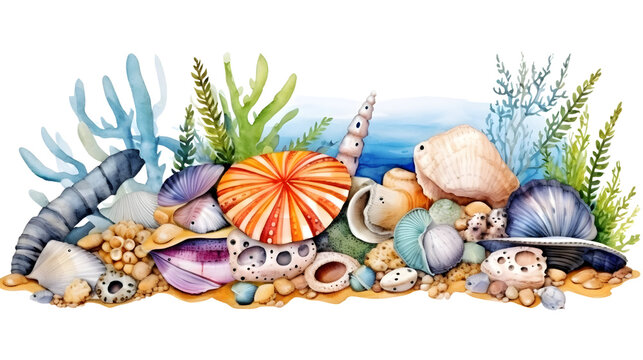 Vibrant seabed scene with assorted shells and coral, watercolor, white background