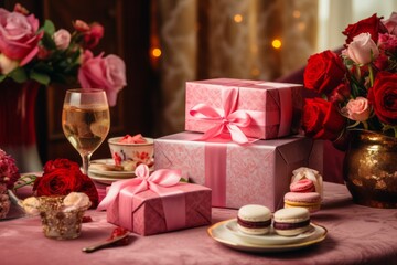 A table adorned with collection of presents, including flowers and sweets, creating a delightful...