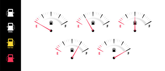 Fuel gauge scales with different level. Fuel measuring by gauge for control gas, gasoline or diesel level. Car dial fuel dashboard. Vector illustration - obrazy, fototapety, plakaty