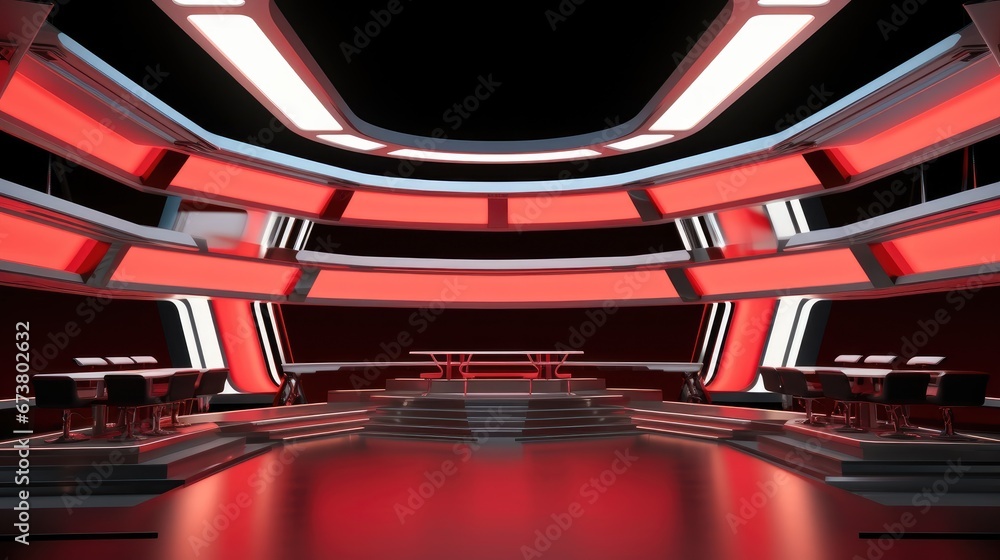 Aufkleber futuristic tv game show studio design with an interview table on stage.