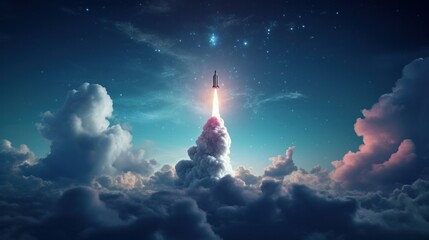 The spaceship sets off into the night sky on a mission. The rocket begins takeoff. taken from a long distance. nightfall - obrazy, fototapety, plakaty