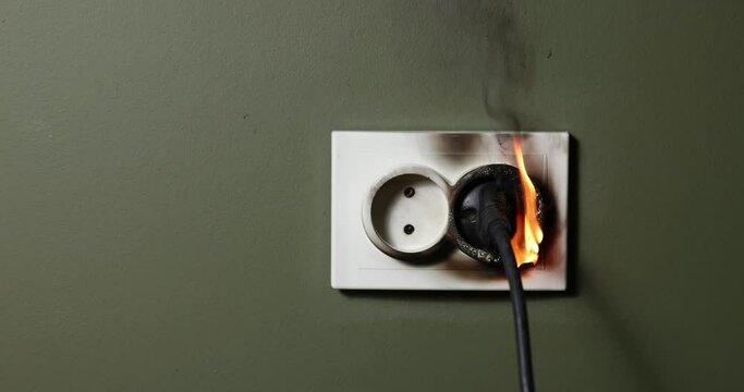 burning wall electrical socket with plugged appliance cable from short circuit in house. concept of fire safety and power overload at home