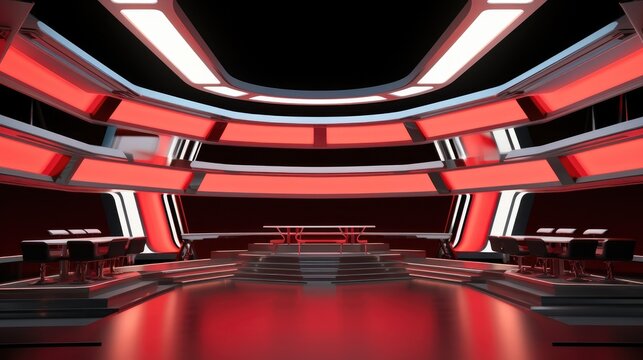 Futuristic TV game show studio design with an interview table on stage.