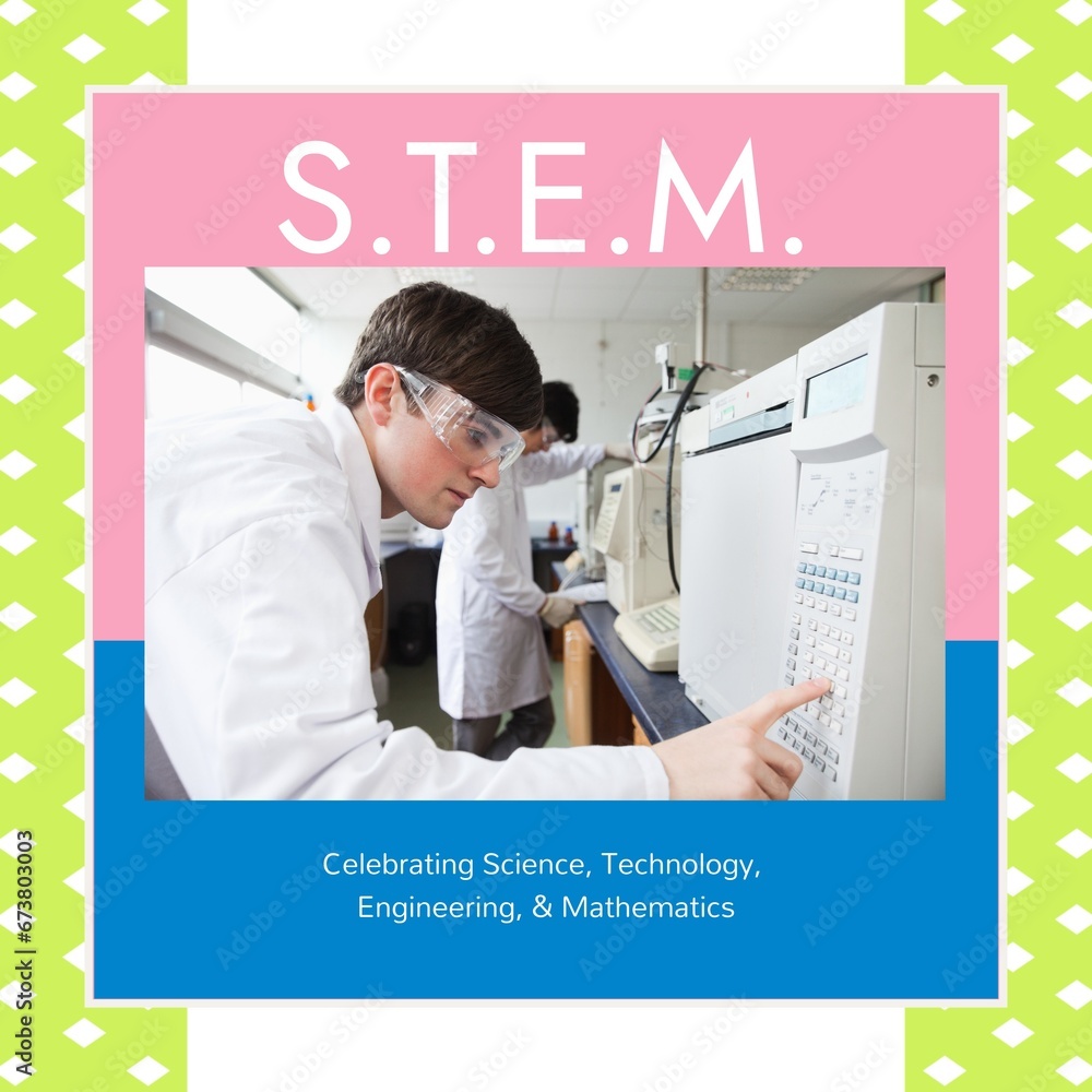 Poster composite of stem text with caucasian scientist using electronic device in factory