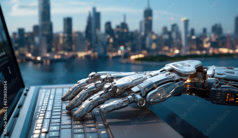 Aufkleber an artificial hand in the style of futuristic robot on a laptop computer with a city skyline.