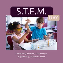 Composite of stem day text and diverse students doing scientific experiment in school