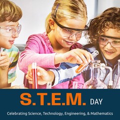 Composite of stem day text with caucasian students doing scientific experiment in school