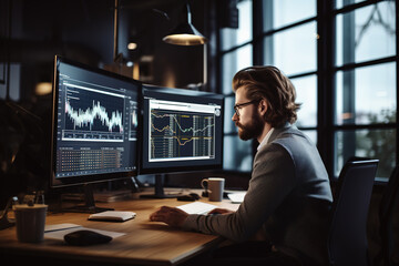 Handsome long-haired bearded manager working at a desk in creative office, using multi monitors with a Stock Market graphs dashboard.