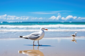 A Majestic Seagull Standing Gracefully on a Sandy Beach Overlooking the Vast Ocean