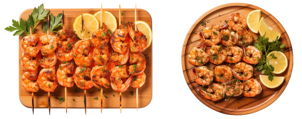 Set of two wooden plates with grilled shrimp skewers with garlic butter, top view, isolated on transparent background