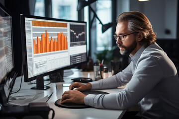Handsome long-haired bearded manager working at a desk in creative office, using desktop computer with a Stock Market graphs dashboard.