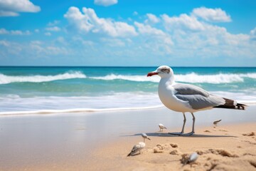 Fototapeta premium Seagull Serenity: A Majestic Bird Perched on Sandy Shores