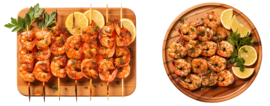Set of two wooden plates with grilled shrimp skewers with garlic butter, top view, isolated on transparent background