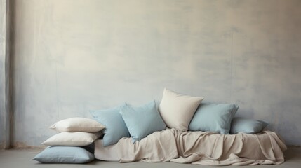 Soft Pillows and blanket at wall, copy space, 16:9
