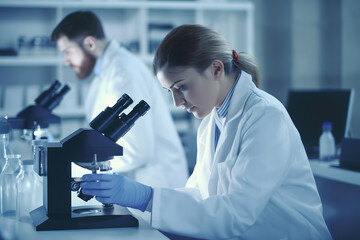 Health care researchers working in science laboratory. Young female research scientist and male supervisor preparing and analyzing microscope slides in research lab.