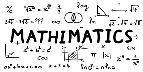 Scientific background with mathematical formulas. Mathematics equations and formula. Geometry background, formulas, shapes and graphics. Math resources for teachers and students. Vector illustration. - obrazy, fototapety, plakaty