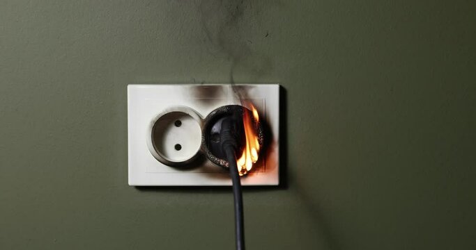 burning wall electrical socket with plugged appliance cable from short circuit in house. concept of fire safety and power overload at home. slider shot