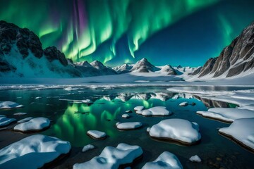 Aurora borealis over snowy mountains, frozen sea coast, reflection in water at night.  Winter...