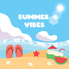Vector Flat Summer Beach with Bright Sky Illustration