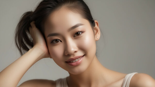 portrait on white studio background asian woman face with smooth healthy skin for advertising design. Korean, Chinese or Japanese Beautiful  woman , space for text 