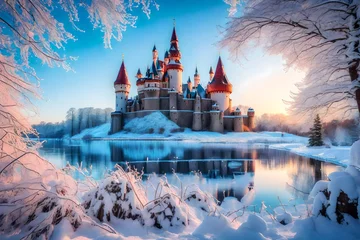 Fotobehang Fairy Tale castle in the winter at sunset. Fantasy landscape, nature © Faizan
