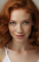 Fototapeta premium Beauty woman vertical portrait. Beautiful spa model girl with perfect fresh clean skin and reddish hair. Youth and skin care concept. white background. Nude makeup