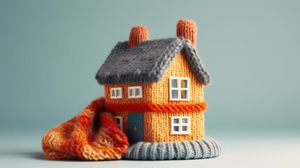 model of a house wearing a knitted cap and a scarf, concept: Energy crisis, copy space, 16:9 - obrazy, fototapety, plakaty