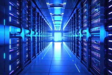 Rows of Servers in a Data Center Illuminated by Blue Lights