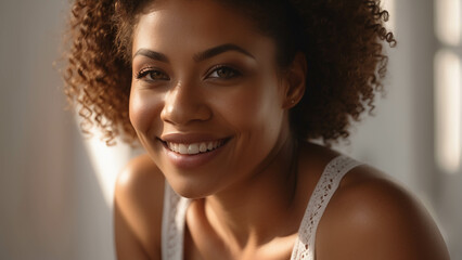 portrait of young sexy mixed race model natural beauty stunning curls on light pastel color background, woman with smooth skin, skin care