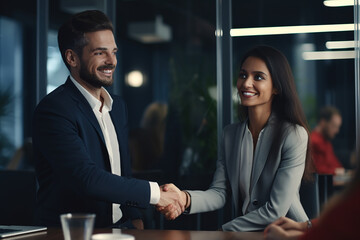 Two business people shaking hands together after succused working while sitting at office. Business person shaking hands together for business deal. Teamwork concept - obrazy, fototapety, plakaty