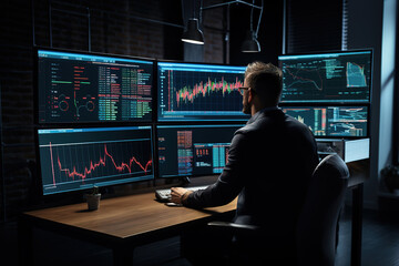 Financial analysts working on a computers with multi-monitor workstations with real-time stocks, commodities and exchange market charts.