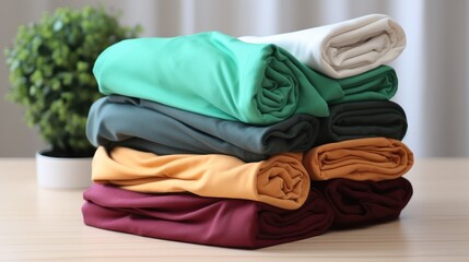 A Stack of Ironed and Folded Shirts on wooden table.