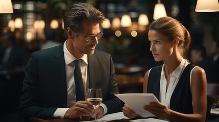 Two business professionals in a heated discussion over lunch in a posh restaurant. Wine glasses and documents on table.