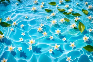 Fototapeta na wymiar Jasmine flowers and leaves floating on bright blue wavy water. Minimal nature background. Summer scene with sunny day shadows.4k, 8k, 16k, full ultra hd, high resolution and cinematic photography 