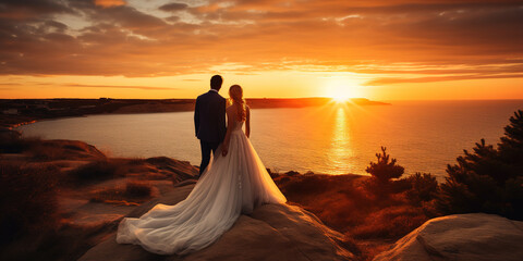 Rear view of bride and groom, newlyweds, honeymoon on the beach at sunset.