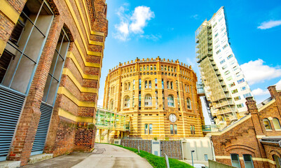 Vienna Gasometers buildings over blue sky, Austria