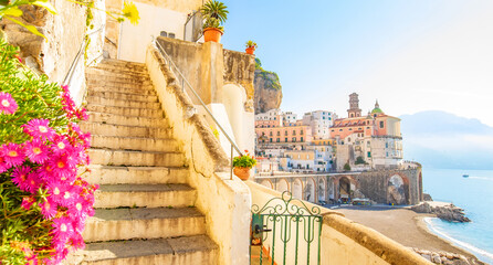 Scenic view of Atrani town on the Amalfi Coast, Italy travel photo - obrazy, fototapety, plakaty