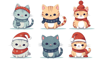 Set of cute Christmas cats in scarves and winter hats isolated. Collection of icon kittens in winter clothes. Cartoon animal faces for greeting card or stickers. Domestic trendy pet.