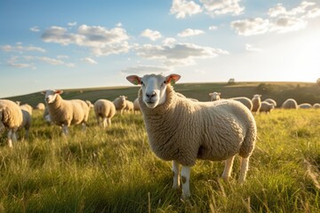 Fototapeta premium A Majestic Herd of Sheep Grazing on a Vibrant, Verdant Meadow