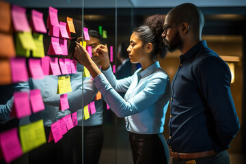 Young businesswoman manager explaining strategy ideas from sticky notes glass wall to male colleague at office. Business project planning.